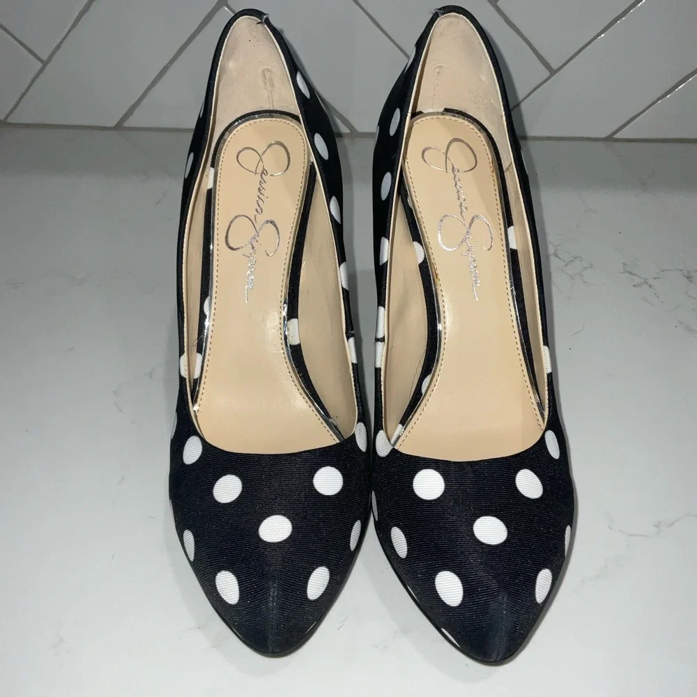 Polka Dot Black and White Women's Heels - Picture 1 of 9